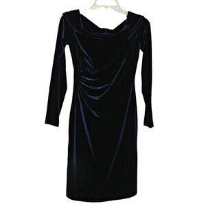 Eliza J Velour Velvet Sheath Side Ruched Dress Blue Cowl Neck Back Zipper Sz 4